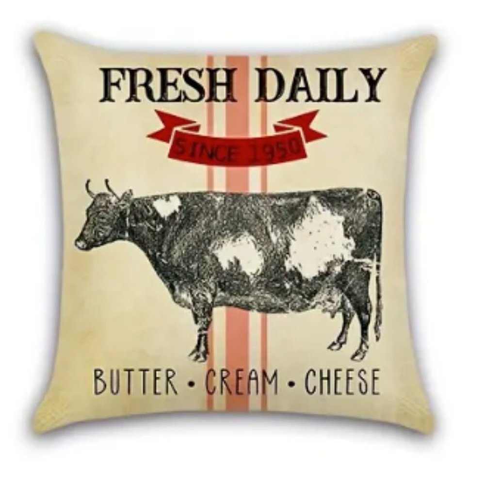 NEW FARMHOUSE HOME DECOR FARM ANIMAL DAIRY COW LINEN DECORATIVE PILLOW COVER 18"
